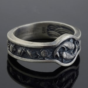 Japanese Koi Fish Band Ring, Handmade Men Ring, Mens Ring, Unique Ring for Man, Silver Signet Ring, Memorial Gift for Him image 1