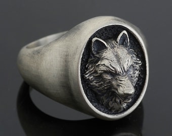 Sterling Silver Wolf Head Signet Ring, Biker Style