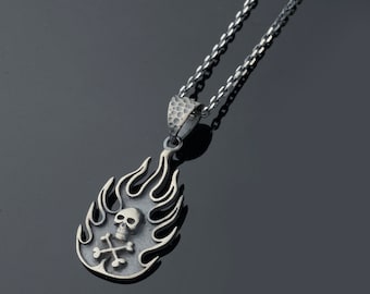 Sterling Silver Skull Biker Necklace: Handmade Gothic Pendant