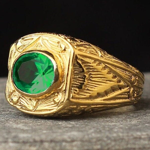 10k Gold Green Gemstone Mens Ring, Vintage Gemstone Men Ring , Engraved Gold Men Ring, Gift For Dad, Husband Gift Ring, Men Gift