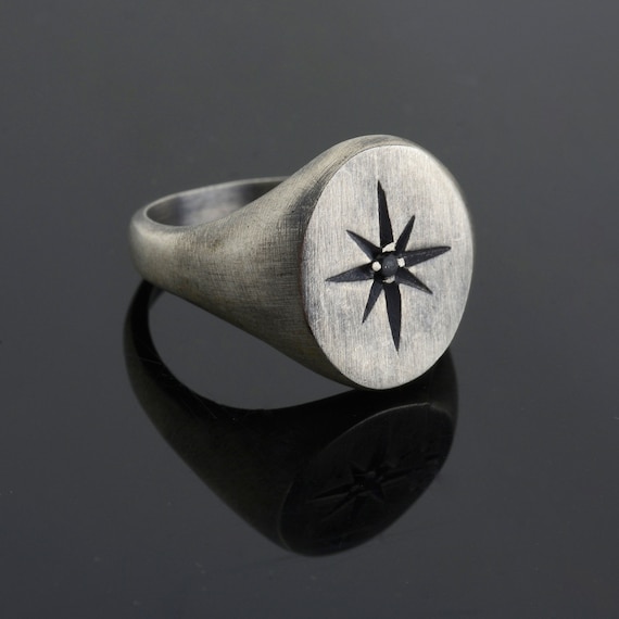 Oxidized Sterling Silver North Star Signet Ring Valentine Day Gift