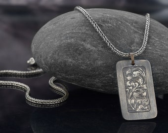 Sterling Silver Engraved Necklace, Mens Silver Plate Pendant Necklace, Unique Handmade Necklace Gift, Memorial Gift Necklace