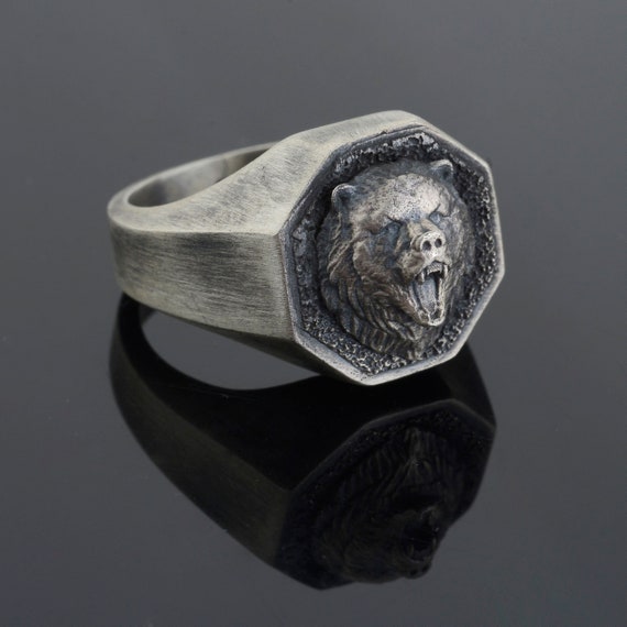 Sterling Silver Bear Head Ring, Viking Style Mens Ring