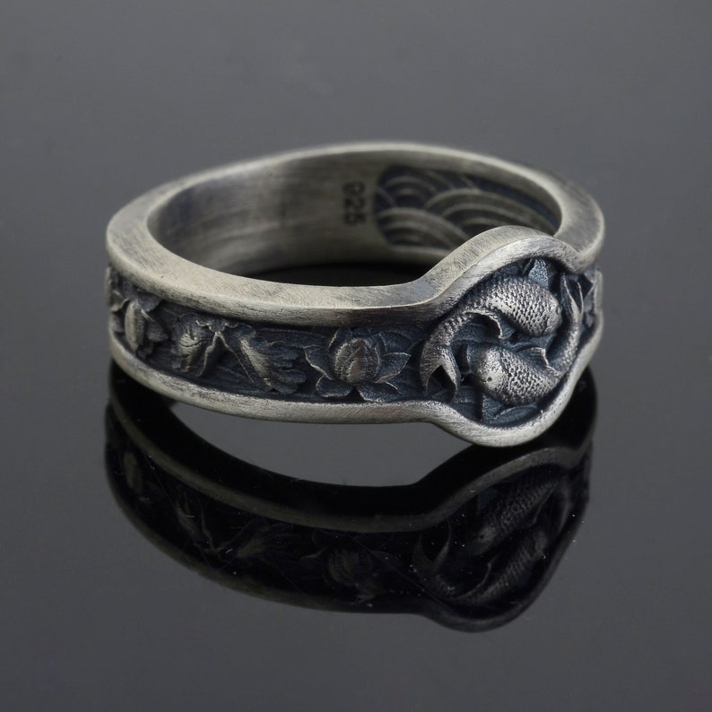 Japanese Koi Fish Band Ring, Handmade Men Ring, Mens Ring, Unique Ring for Man, Silver Signet Ring, Memorial Gift for Him image 1