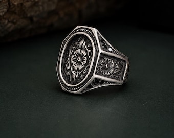 Hand Engraved Floral Signet Ring for Men, Sterling Silver Statement Ring