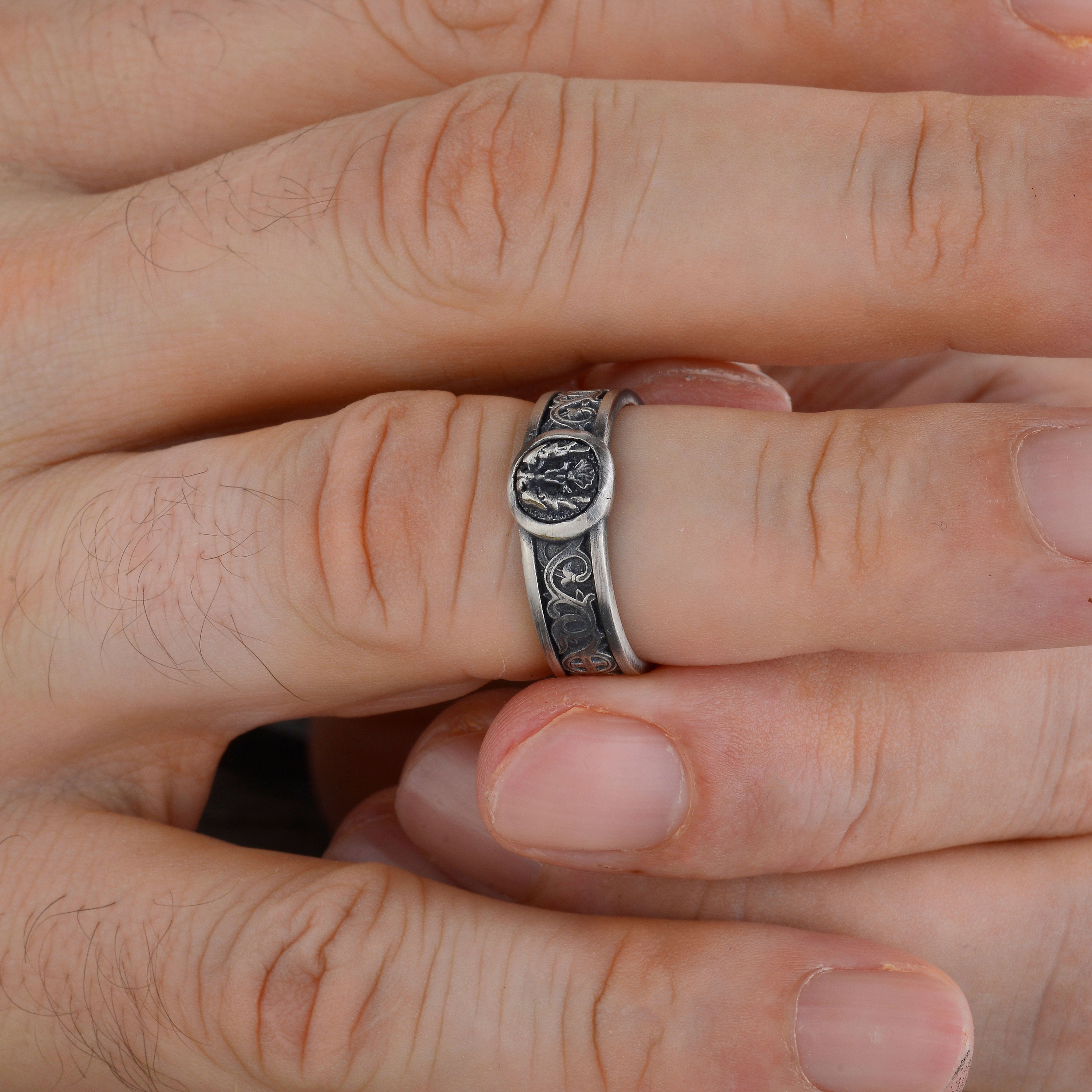 American Eagle Band Ring, Sterling Silver Lily and Cross