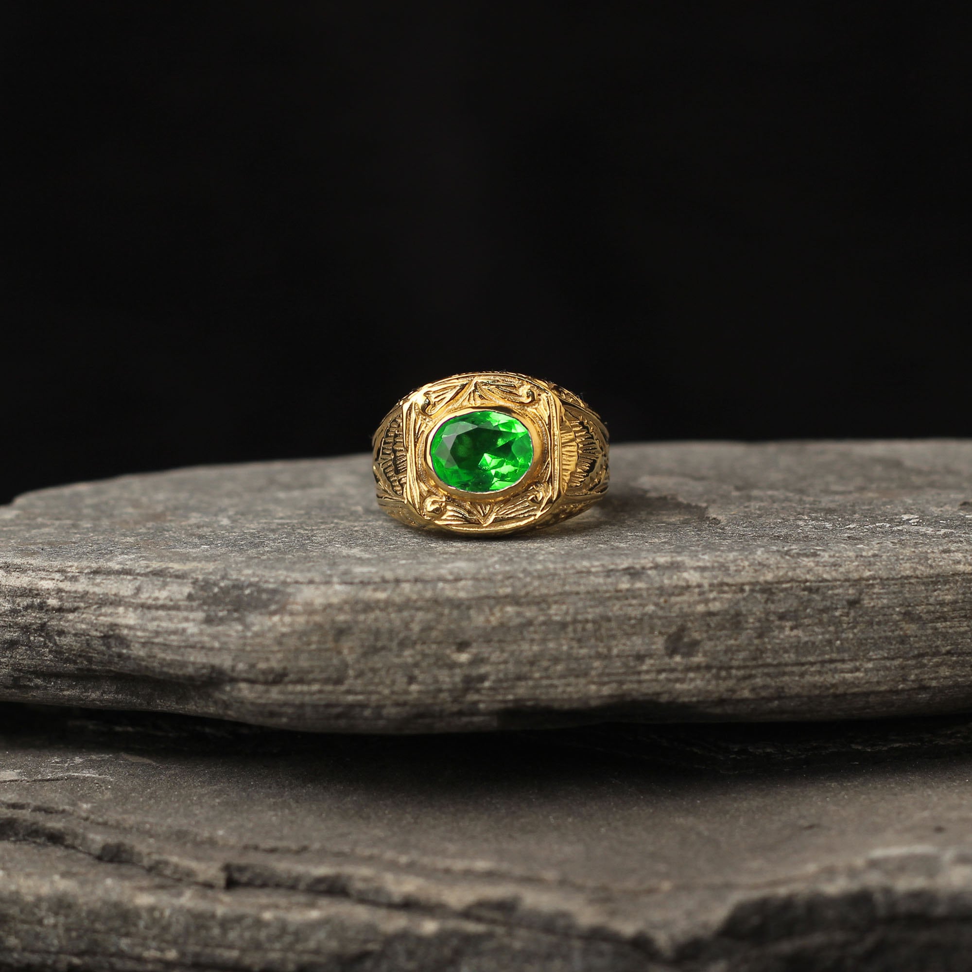 10k Gold Green Gemstone Mens Ring Vintage Gemstone Men Ring Etsy