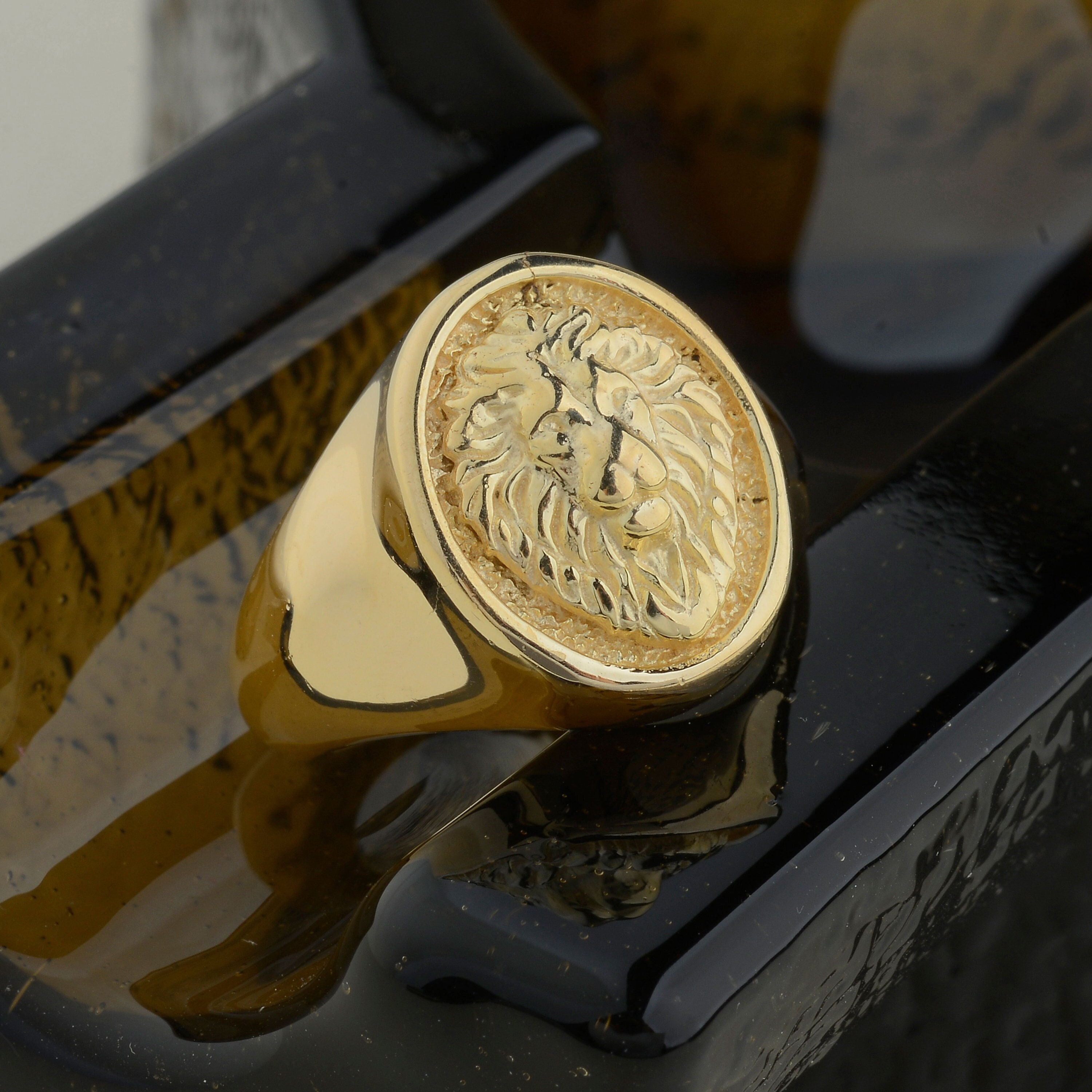 10k Gold Lion Signet Ring, Oval Handmade Mens Ring - Etsy