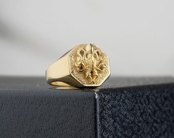 10k Gold Octopus Men Ring, Pinky Man Ring, Statement Ring