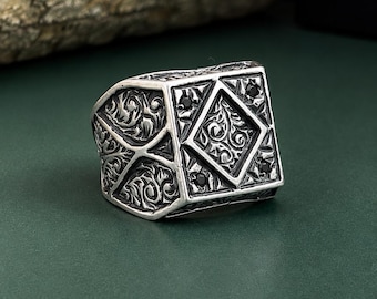 Hand Engraved Ottoman Signet Ring for Men, Sterling Silver Statement Ring