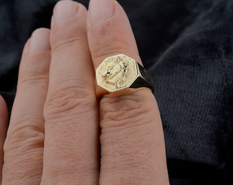 10k Gold Fenrir Wolf Signet Ring: Handmade Mens Ring