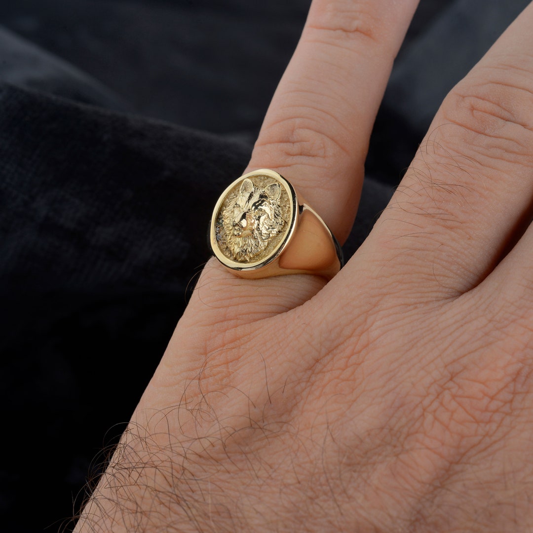 Signet Ring Real 10k Real Gold Wolf Signet Ring - Handmade Mens Ring - Etsy