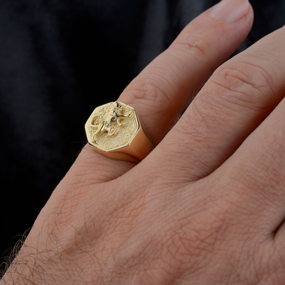 10k Gold Lion Signet Ring: Handmade Octagon Mens Ring - Etsy