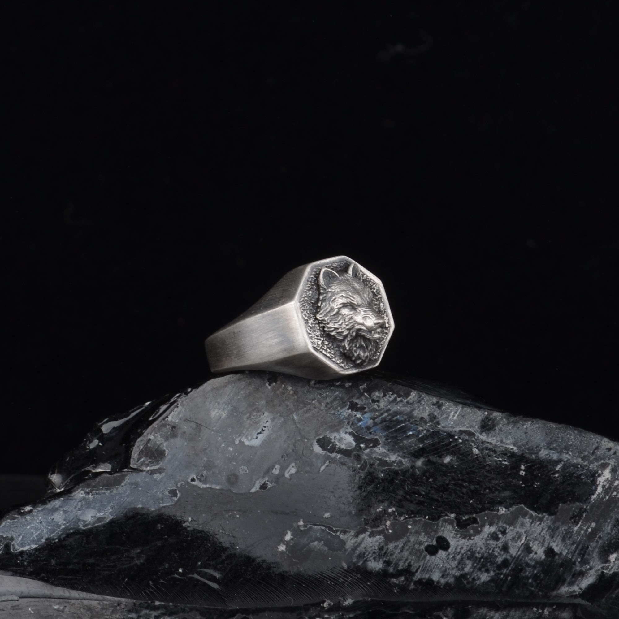 Sterling Silver Octagon Pinky Ring, Howling Wolf Man Ring Sterling Silver Octagon Pinky Ring, Howling Wolf Man Ring