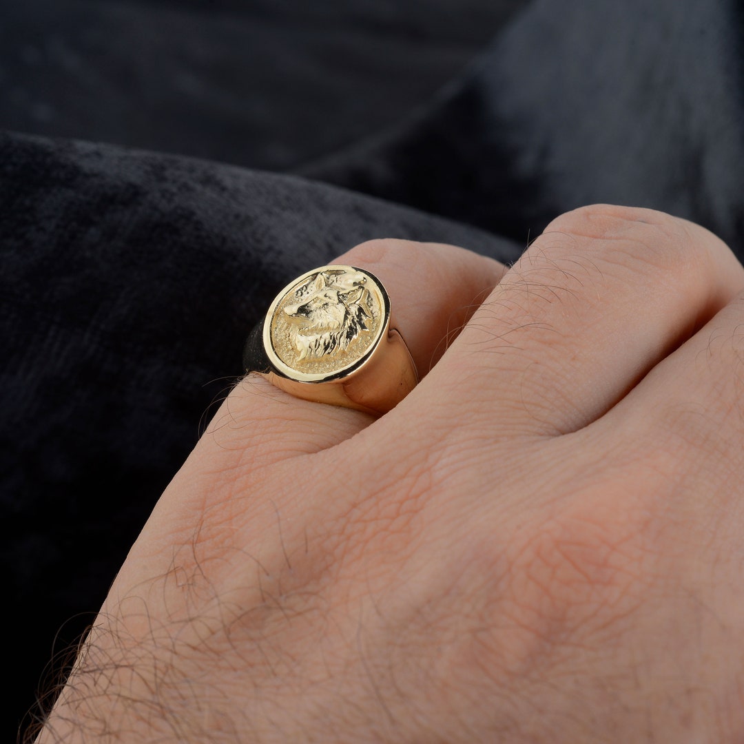 Handmade 10k Gold Wolf Signet Ring - Mens Pinky Ring - Etsy Denmark