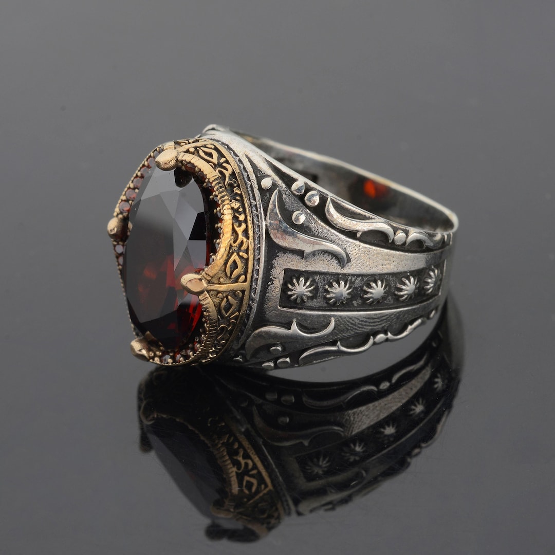 Garnet Gemstone Men's Ring: Sterling Silver Red Stone Jewelry - Etsy