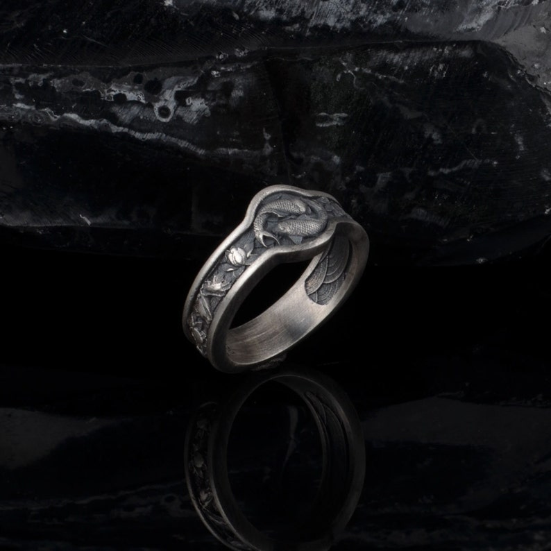 Japanese Koi Fish Band Ring, Handmade Men Ring, Mens Ring, Unique Ring for Man, Silver Signet Ring, Memorial Gift for Him image 5
