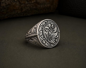 Sterling Silver Heritage Ring for Men, Oval Signet Ring, Hand Engraved Luxury Ring, Timeless Men's Jewelry