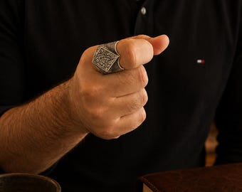 Hand Engraved Medieval RingCuff Ring for Men, Sterling Silver Adjustable Statement Ring