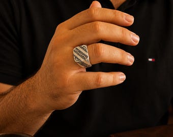 Sterling Silver Engraved Ring for Men, Floral Carved Signet Band, Handcrafted Silver Jewelry, Unique Gift for Him