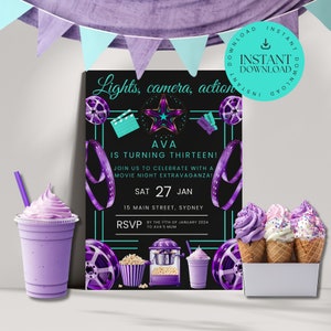 Movie night 13th Birthday Invitation INSTANT DOWNLOAD, Invites Girls Thirteenth birthday, Canva, cinema, ticket, purple, turquoise, MN0001