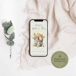 Carte numérique fête des mères chatons dans un cache-pot, TÉLÉCHARGEMENT IMMÉDIAT, fête des mères femelle modifiable, chats, jonquilles, fleurs, toile, MDE003