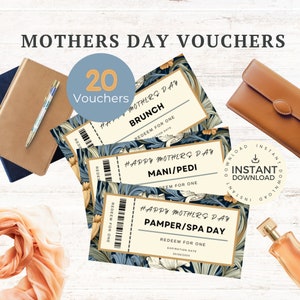 Mother’s Day floral vouchers INSTANT DOWNLOAD, printable coupons, gift voucher, editable gift for mom, green, cream, blue, MDV001