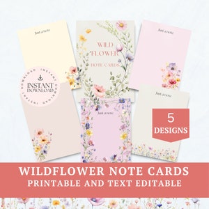 Wildflowers printable flat note cards INSTANT DOWNLOAD, editable small portrait note card, notecard set, watercolor flowers, Canva, NC0001