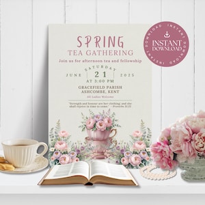 Women’s Afternoon Tea Invitation INSTANT DOWNLOAD, Faith & Fellowship Spring Event Template, Pink Peony Floral, Teacups, Canva, FT0002