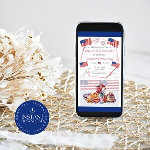 Independence Day Digital Invite INSTANT DOWNLOAD, Editable invitation, animated fireworks, flag, bbq, party, red, white, blue Canva, IDE001