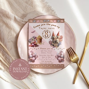 Puppy 8th Birthday Invitation INSTANT DOWNLOAD, Invites Girls Eighth Birthday, Canva, puppies, cupcakes, macaroons, balloons, pink, PP0003
