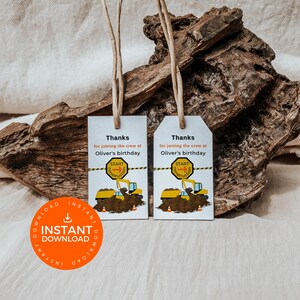 Construction 3rd Birthday Thank You Tag INSTANT DOWNLOAD, favor labels, Boys Third birthday, Canva, dump truck, digger, yellow, CY0001