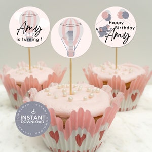 Elephant 1st Birthday Cupcake Toppers, INSTANT DOWNLOAD, Girls First Birthday, party décor, Canva, elephant, hot air balloon, pink, EP0001