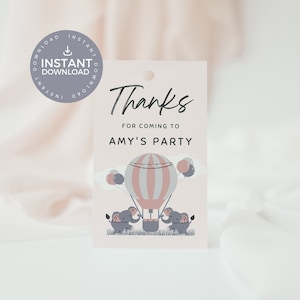 Elephant 1st Birthday Thank You Tag INSTANT DOWNLOAD, favor labels, Girls First birthday, Canva, elephant, hot air balloon, pink, EP0001