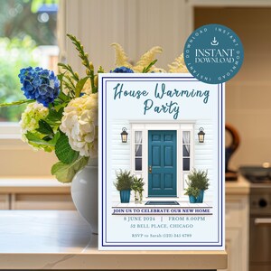 House Warming Party Invitation INSTANT DOWNLOAD, Personalized New Home Celebration Template, Blue Green Design, Canva, HW0001