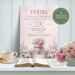 Women’s Afternoon Tea Invitation INSTANT DOWNLOAD, Faith-Based Spring Event Template, Teacups, Pink Watecolor Background, Canva, FT0003