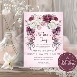Mother’s Day Lunch Invitation INSTANT DOWNLOAD, Religious Invite, floral, roses, peonies, pink, burgundy, sage green, white, Canva, MDL003