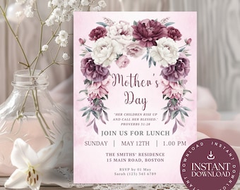 Mother’s Day Lunch Invitation INSTANT DOWNLOAD, Religious Invite, floral, roses, peonies, pink, burgundy, sage green, white, Canva, MDL003