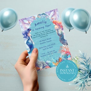 Mermaid 4th Birthday Invitation INSTANT DOWNLOAD, Invites Girls Fourth Birthday, Canva, mermaids, under the sea, aqua, purple, MG0001