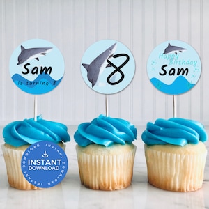 Shark 8th Birthday Cupcake Toppers INSTANT DOWNLOAD, Boys Eighth birthday, party décor, Canva, ocean, under the sea, sharks, blue, SB0001