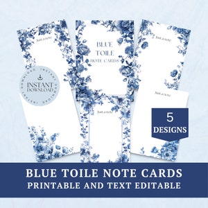 Blue toile printable flat note cards INSTANT DOWNLOAD, editable small portrait note card, set of 5 elegant floral notecards, Canva, NC0002