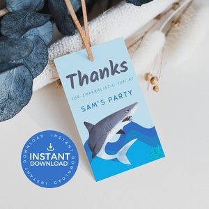 Shark 8th Birthday Thank You Tag INSTANT DOWNLOAD, favor labels, Boys Eighth birthday, Canva, ocean, under the sea, sharks, blue, SB0001