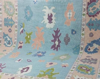 Handmade Blue Oushak Wool Rug: Oriental Style, 5x8