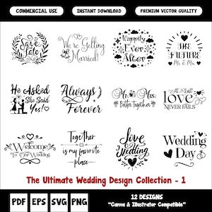 Bruiloft Svg-bundel, huwelijkscitaten (12 ontwerpen SVG/PNG/EPS), bruid bruidegom Vector, verloving teken clipart voor Cricut