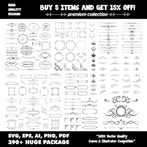 Conjunto de más de 390 vectores de marcos y bordes premium / Decoraciones elegantes para esquinas y elementos decorativos (descarga digital)