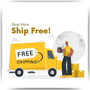 Puede incluir: Un cami&oacute;n de reparto amarillo con las palabras "FREE SHIPPING" en el lateral. Una persona est&aacute; de pie junto al cami&oacute;n sosteniendo un paquete y un portapapeles. El fondo muestra un globo terr&aacute;queo con l&iacute;neas que conectan diferentes puntos del globo. El texto "Shop More Ship Free!" est&aacute; en la parte superior de la imagen.
