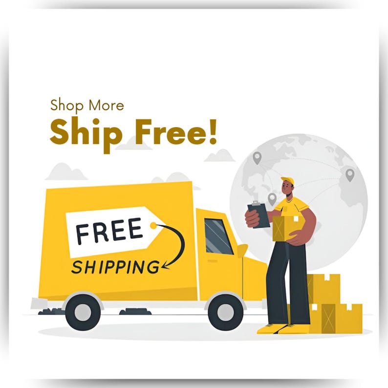 Puede incluir: Un cami&oacute;n de reparto amarillo con las palabras "FREE SHIPPING" en el lateral. Una persona est&aacute; de pie junto al cami&oacute;n sosteniendo un paquete y un portapapeles. El fondo muestra un globo terr&aacute;queo con l&iacute;neas que conectan diferentes puntos del globo. El texto "Shop More Ship Free!" est&aacute; en la parte superior de la imagen.