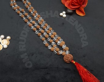 Combination of Diamond Cut Sphatik and Rudraksha Mala with 7 Mukhi Nepal Sumeru Rudraksha 8mm, 108+1 beads Lab certified