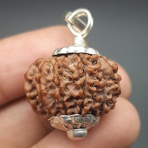 Puede incluir: Un colgante de cuentas de Rudraksha marrón con un engaste de plata y una anilla de plata. La cuenta es redonda y tiene una superficie texturizada.