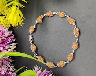 May include: A brown bracelet with silver beads and a silver clasp. The bracelet is made of natural materials and is designed to be worn on the wrist.